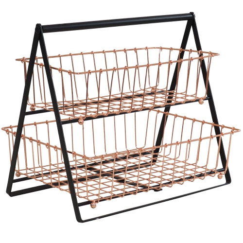 Image 1 of 6.. Sunnydaze 2-Tier Wire Storage Basket with Handle for Countertop - Copper