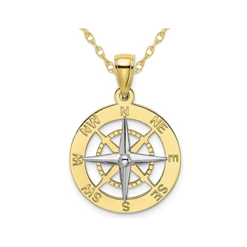 GEM AND HARMONY  10K Gold Nautical Compass White Needle Charm Pendant Necklace With Chain In Yellow