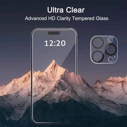 Protecteur d'écran iPhone 15 Pro Max [paquet de 3] + protecteur d'objectif d'appareil photo - compatible avec les étuis, verre trempé, installation