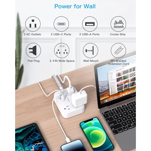 Rallonge mince à fiche plate de 5 pi avec 3 prises, 4 ports USB, barre d'alimentation USB, barre d'alimentation murale, parasurtenseur pour chambre