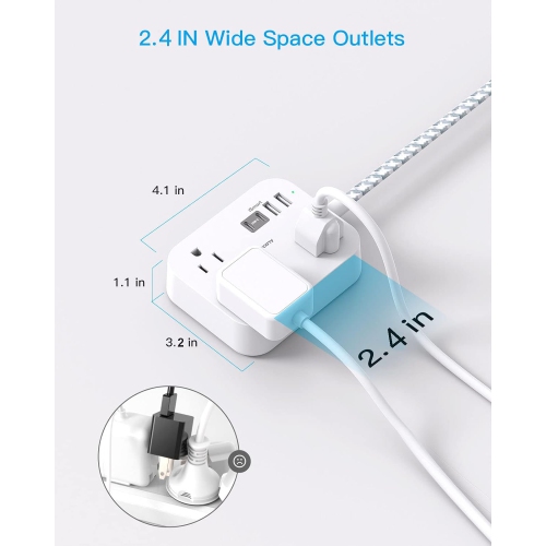 Rallonge mince à fiche plate de 5 pi avec 3 prises, 4 ports USB, barre d'alimentation USB, barre d'alimentation murale, parasurtenseur pour chambre