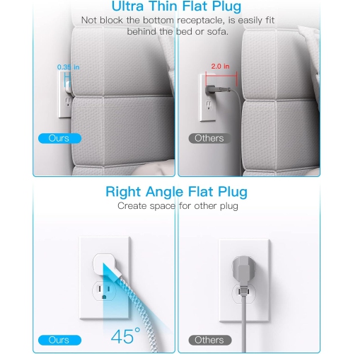 Rallonge mince à fiche plate de 5 pi avec 3 prises, 4 ports USB, barre d'alimentation USB, barre d'alimentation murale, parasurtenseur pour chambre