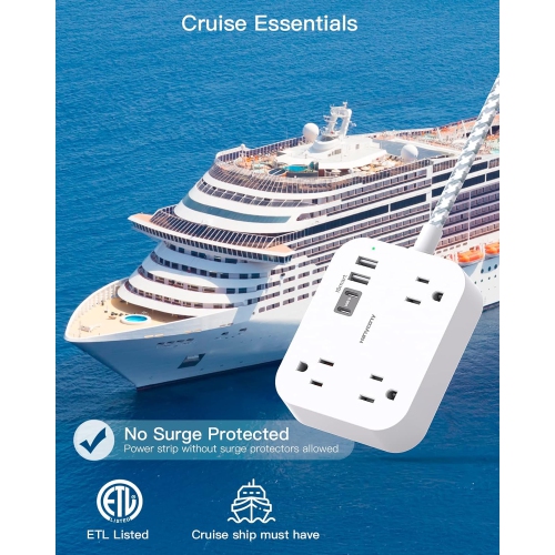 Rallonge mince à fiche plate de 5 pi avec 3 prises, 4 ports USB, barre d'alimentation USB, barre d'alimentation murale, parasurtenseur pour chambre