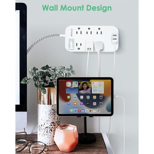 Power Bar Extension Cord 10 FT, Flat Plug, 6 Outlets 3 USB Ports Outlet Extender with Overload Protection, Desktop Charging Station Wall Mount for