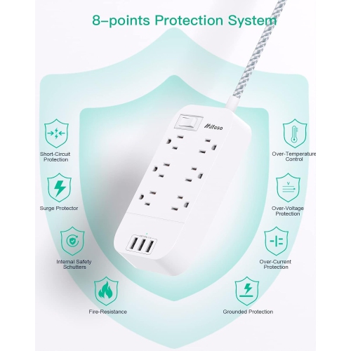 Power Bar Extension Cord 15 FT, Flat Plug, 6 Outlets 3 USB Ports Outlet Extender with Overload Protection, Desktop Charging Station Wall Mount for