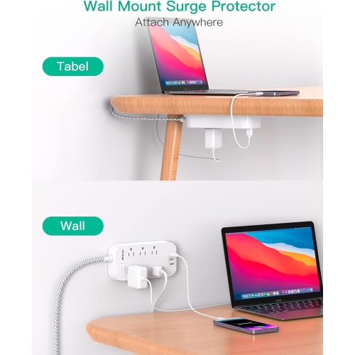 Power Bar Extension Cord 15 FT, Flat Plug, 6 Outlets 3 USB Ports Outlet Extender with Overload Protection, Desktop Charging Station Wall Mount for