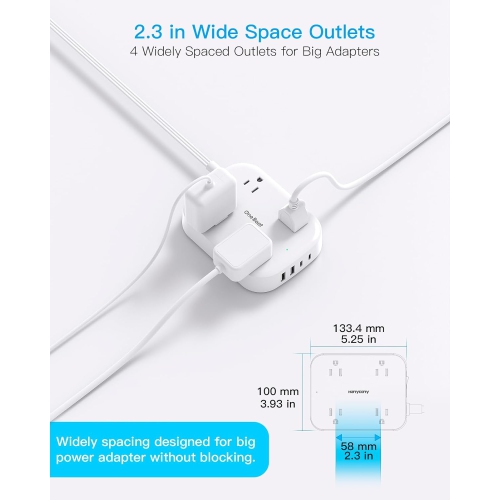 Barre d'alimentation à fiche plate avec USB-C, rallonge ultramince 5&nbsp;pi pour l'intérieur avec 4 ports USB 4 prises de courant pour le bureau,