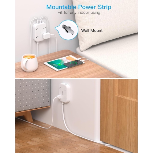 Barre d'alimentation à fiche plate avec USB-C, rallonge ultramince 5&nbsp;pi pour l'intérieur avec 4 ports USB 4 prises de courant pour le bureau,