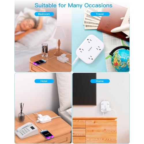 Barre d'alimentation à fiche plate avec USB-C, rallonge ultramince 5&nbsp;pi pour l'intérieur avec 4 ports USB 4 prises de courant pour le bureau,