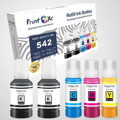 T542 Compatible Refill Set + Black of 5 Bottles All Supplied with Pigment Ink 542 - T542120 T542220 T542320 T542420 For Epson ET 5180 5150 5170 5850