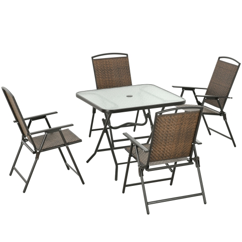 Ensemble de salle à manger d'extérieur de 5 pièces Outsunny, table de patio pliante en rotin et chaises pour 4 avec trou pour parasol, dessus en verr