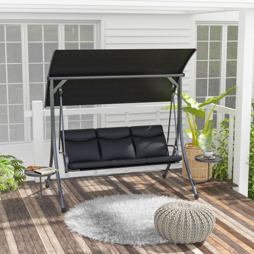 Outsunny Porch Swing with Adjustable Canopy, 3 Seat Outdoor Swing Chair, Steel Patio Swing Bench with Coffee Tables and Cushion for Garden, Black