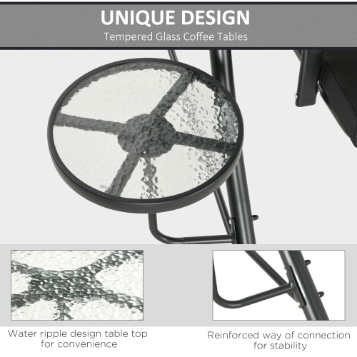 Outsunny Porch Swing with Adjustable Canopy, 3 Seat Outdoor Swing Chair, Steel Patio Swing Bench with Coffee Tables and Cushion for Garden, Black