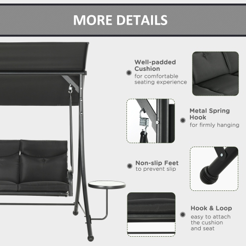 Outsunny Porch Swing with Adjustable Canopy, 3 Seat Outdoor Swing Chair, Steel Patio Swing Bench with Coffee Tables and Cushion for Garden, Black