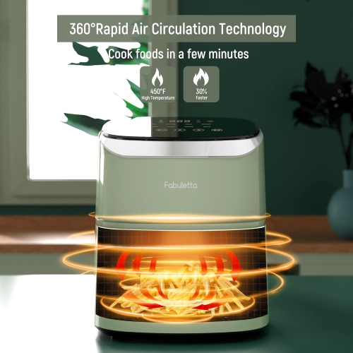 Air Fryer, Fabuletta 9 Customizable Smart Cooking Programs Compact 4QT Air Fryer, Shake Reminder, 450°F Digital Airfryer,Tempered Glass Display,