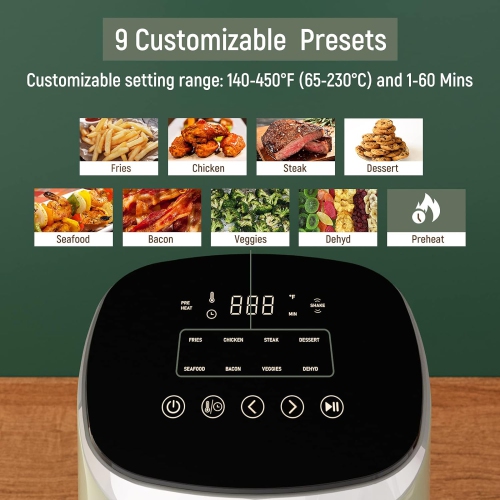 Air Fryer, Fabuletta 9 Customizable Smart Cooking Programs Compact 4QT Air Fryer, Shake Reminder, 450°F Digital Airfryer,Tempered Glass Display,