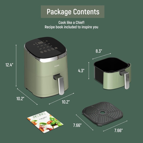 Air Fryer, Fabuletta 9 Customizable Smart Cooking Programs Compact 4QT Air Fryer, Shake Reminder, 450°F Digital Airfryer,Tempered Glass Display,