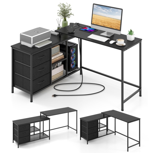 TOPBUY  L-Shaped Computer Desk With Drawers & Shelves 81" Convertible Home Office Desk With Charging Station Rustic Brown/black/white