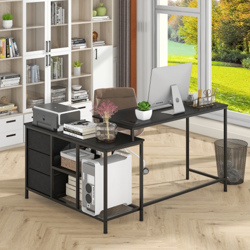 Topbuy L-Shaped Computer Desk with Drawers & Shelves 81" Convertible Home Office Desk with Charging Station Rustic Brown/Black/White