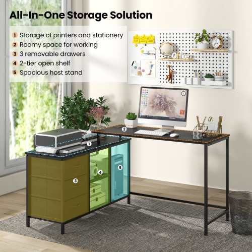 Topbuy L-Shaped Computer Desk with Drawers & Shelves 81" Convertible Home Office Desk with Charging Station Rustic Brown/Black/White