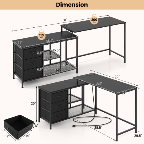 Topbuy L-Shaped Computer Desk with Drawers & Shelves 81" Convertible Home Office Desk with Charging Station Rustic Brown/Black/White