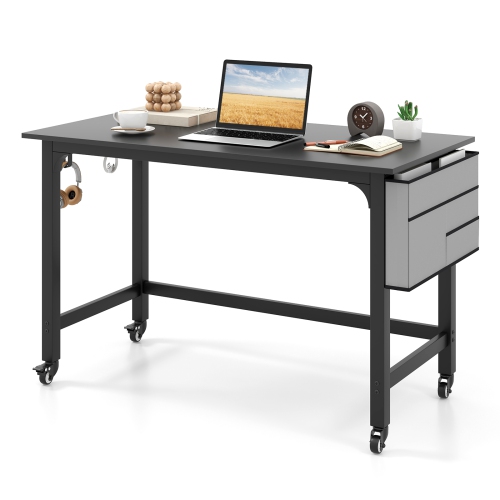 TOPBUY  48" Rolling Computer Desk Mobile Study Writing Desk With Metal Frame Movable Home Office Desk Natural/black
