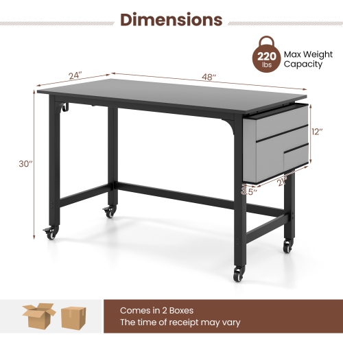 Topbuy 48" Rolling Computer Desk Mobile Study Writing Desk with Metal Frame Movable Home Office Desk Natural/Black