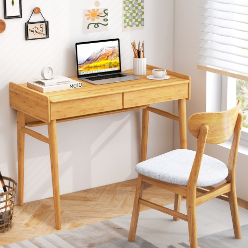 Topbuy 39.5" Bamboo Computer Desk Study Writing Desk with 2 Pull-Out Drawers Shelf & Cable Management Groove
