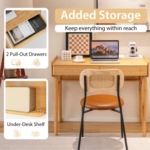 Topbuy 39.5" Bamboo Computer Desk Study Writing Desk with 2 Pull-Out Drawers Shelf & Cable Management Groove
