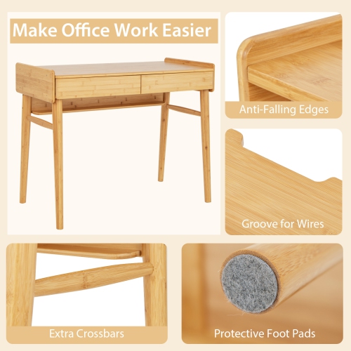 Topbuy 39.5" Bamboo Computer Desk Study Writing Desk with 2 Pull-Out Drawers Shelf & Cable Management Groove