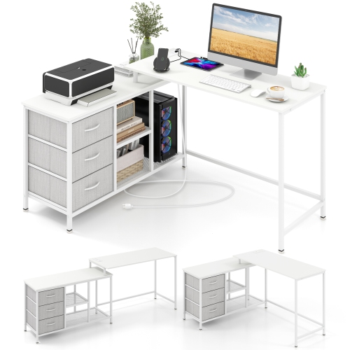 TOPBUY  L-Shaped Computer Desk With Drawers & Shelves 81" Convertible Home Office Desk With Charging Station Rustic Brown/black/white