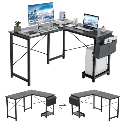 TOPBUY  L-Shaped Computer Desk Reversible Home Office Desk With Side Storage Bag & Host Stand Metal Corner Study Writing Desk