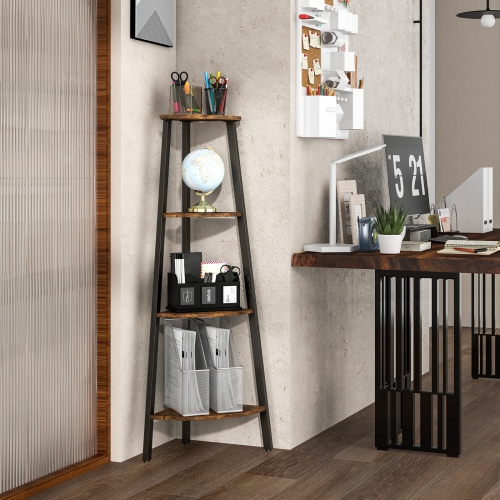 Topbuy 4-Tier Industrial Corner Ladder Shelf Freestanding Bookshelf Display Rack with Anti-tipping Kit