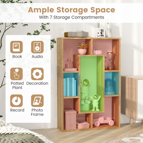 Topbuy 35.5" Geometric Bookshelf Open-back Bookcase w/ 7 Cubes Free-standing Storage Shelf Unit w/ Anti-Toppling Devices Gray/Natural/White