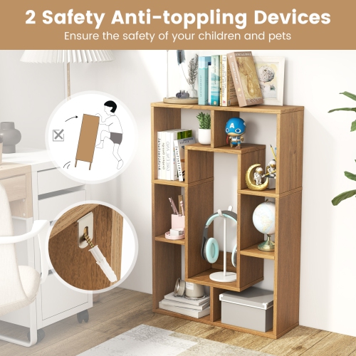 Topbuy 35.5" Geometric Bookshelf Open-back Bookcase w/ 7 Cubes Free-standing Storage Shelf Unit w/ Anti-Toppling Devices Gray/Natural/White