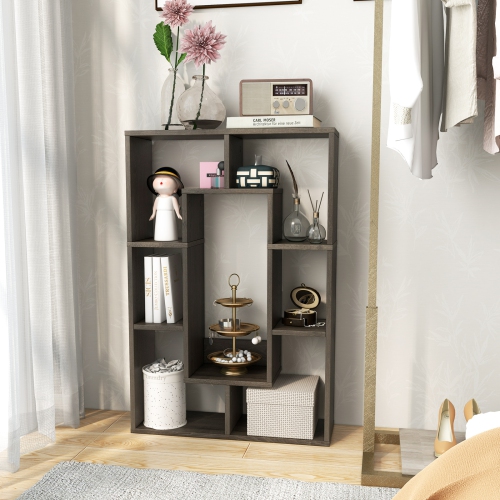 Topbuy 35.5" Geometric Bookshelf Open-back Bookcase w/ 7 Cubes Free-standing Storage Shelf Unit w/ Anti-Toppling Devices Gray/Natural/White