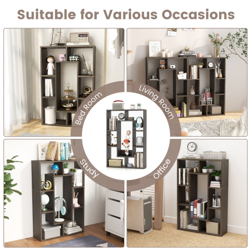 Topbuy 35.5" Geometric Bookshelf Open-back Bookcase w/ 7 Cubes Free-standing Storage Shelf Unit w/ Anti-Toppling Devices Gray/Natural/White