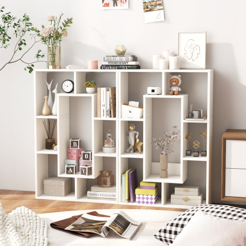 Topbuy 35.5" Geometric Bookshelf Open-back Bookcase w/ 7 Cubes Free-standing Storage Shelf Unit w/ Anti-Toppling Devices Gray/Natural/White