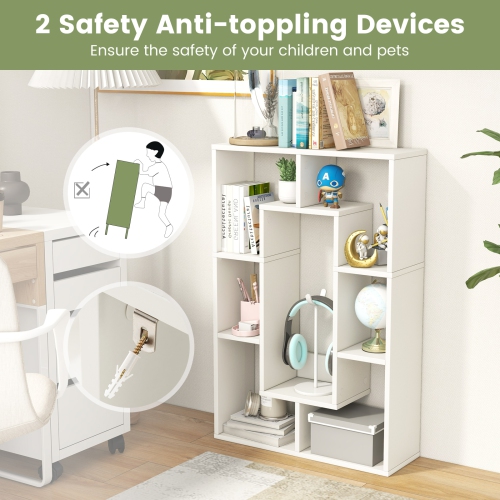 Topbuy 35.5" Geometric Bookshelf Open-back Bookcase w/ 7 Cubes Free-standing Storage Shelf Unit w/ Anti-Toppling Devices Gray/Natural/White