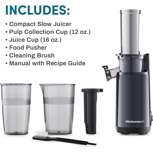 Elite Gourmet EJX600 Compact Small Space-Saving Masticating Slow Juicer, Cold Press Juice Extractor, Nutrient and Vitamin Dense, Easy to Clean, 16 oz