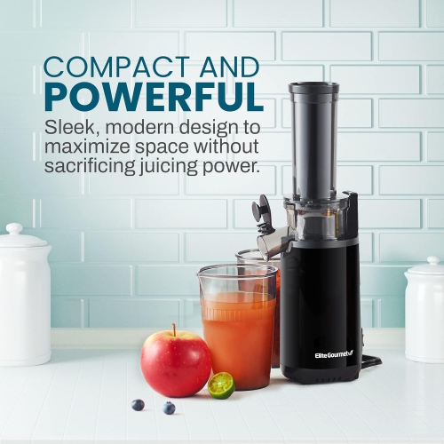 Elite Gourmet EJX600 Compact Small Space-Saving Masticating Slow Juicer, Cold Press Juice Extractor, Nutrient and Vitamin Dense, Easy to Clean, 16 oz