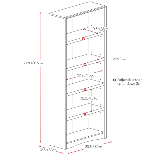 Quadra 71'' Tall Adjustable Shelf Bookcase, 5-Tier Shelving Unit Bookshelf with Open Shelves, White
