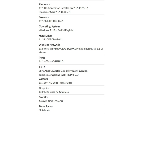 Refurbished Lenovo ThinkPad X1 Carbon Gen 9 i7 evo 1165G7 @ 2.8GHz to 4.7GHz 16GB Ram 512GB SSD 14" WUXGA