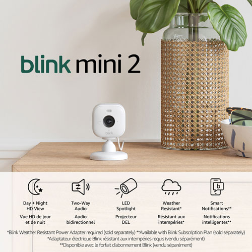 Caméra IP HD 1080p d'extérieur/d'intérieur Wi-Fi Mini 2 de Blink - Blanc