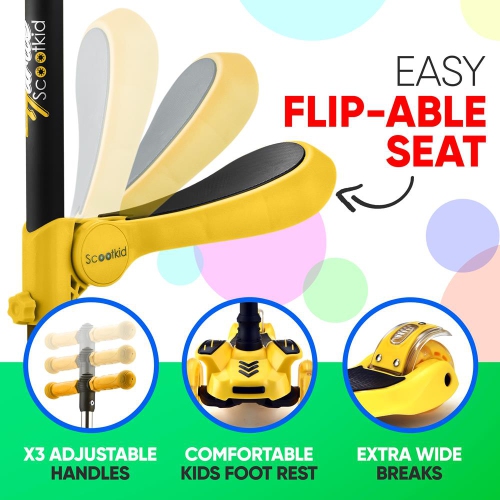 ScootKid 3-Wheel Kids Scooter - Child & Toddler Toy Scooter with Built-in LED Wheel Lights, Fold-Out Comfort Seat (Yellow)