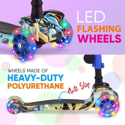 ScootKid 3-Wheel Kids Scooter - Child & Toddler Toy Scooter with Built-in LED Wheel Lights, Fold-Out Comfort Seat (Graffiti)