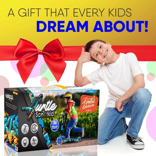 ScootKid 3-Wheel Kids Scooter - Child & Toddler Toy Scooter with Built-in LED Wheel Lights, Fold-Out Comfort Seat (Graffiti)