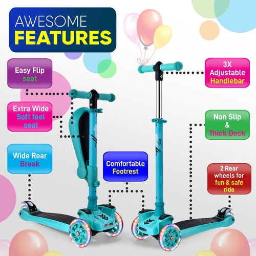 ScootKid 3-Wheel Kids Scooter - Child & Toddler Toy Scooter with Built-in LED Wheel Lights, Fold-Out Comfort Seat (Teal Blue)