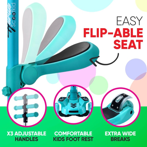 ScootKid 3-Wheel Kids Scooter - Child & Toddler Toy Scooter with Built-in LED Wheel Lights, Fold-Out Comfort Seat (Teal Blue)