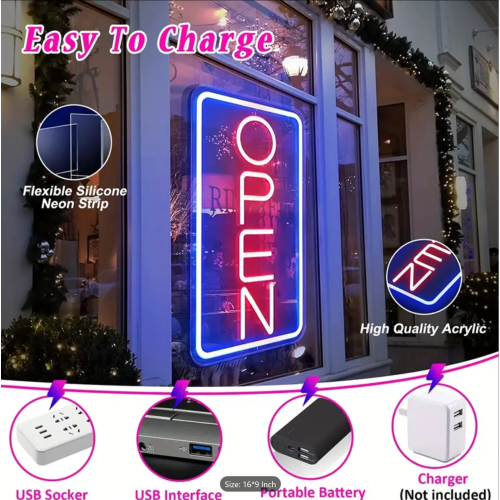LED OPEN Neon Sign Light, 16.5 * 9 In, Neon Sign Light USB Powered, With Dimmable Switches, Multipurpose Decorative Wall Mounted Lights Vertical